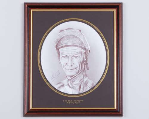 Lester Piggott signed print by the artist Bill Hickey