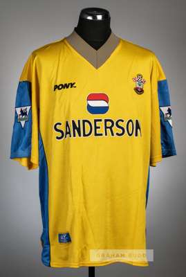 Marians Pahars yellow Southampton No.35 away jersey, season 1998-99,
 Pony, short-sleeved, Premier League badges, the reverse lettered PAHARS