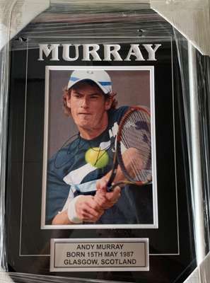 Sir Andy Murray (UK)  signed 8 by 10in. tennis photograph,
 professionally framed /glazed with double mattes and name cut out of mattes and plaque. Fr