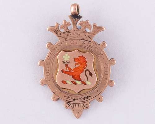 J Simpson 9ct gold and enamel Rosebery Charity Cup winners medal, 1908