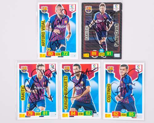 Five autographed Barcelona Panini La Liga player trading cards, 2018-19