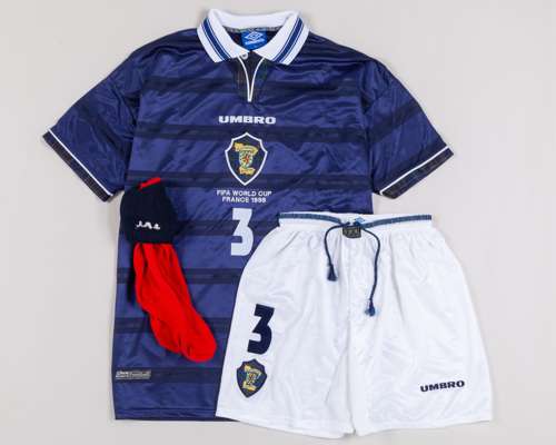 Tommy Boyd blue No.3 Scotland v. Brazil match worn short-sleeved shirt, 1998
