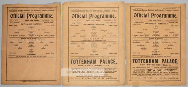 Three Tottenham Hotspur v Chelsea wartime match programmes, 
 comprising v Chelsea 25th September 1915; v Chelsea 2nd September 1916; v Chelsea 8th Se