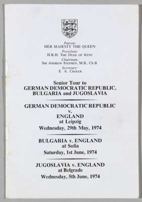 England 1974 FA Itinerary for the tour of Germany, Bulgaria and Yugoslavia issued to players and officials.