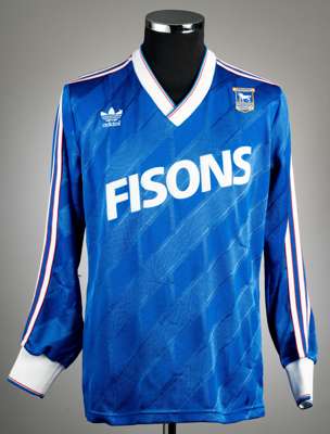 Blue Ipswich Town no.4 home jersey, season 1987-88,
 Adidas, long-sleeved with embroidered club crest, reverse numbered 4, bears neck label, size Larg