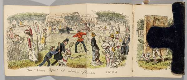 Punch's Pocket Book 1880,
 with a coloured fold-out illustration frontispiece devoted to lawn tennis, in addition an engraving facing p.60 with a coup