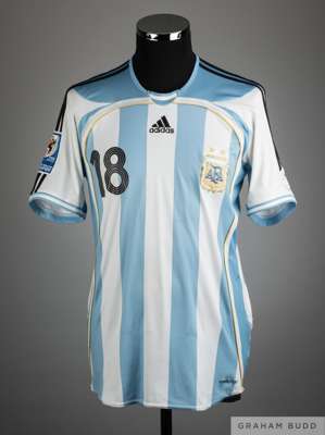 Lionel Messi blue and white No.18 Argentina v. Chile match worn/issue short-sleeved shirt, 
 Adidas, with crew-neck collar and embroidered cloth badge