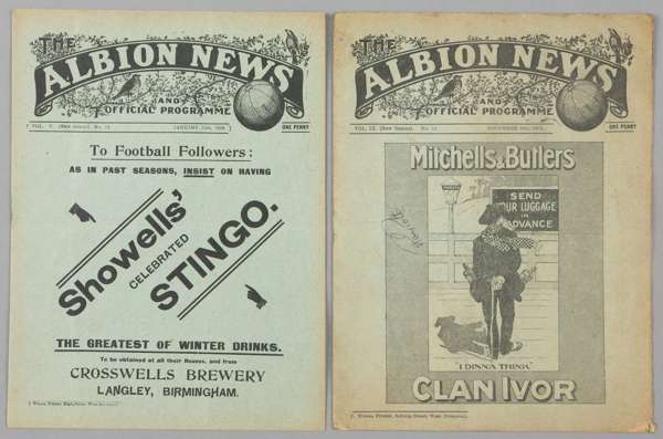 Two West Bromwich Albion home programmes,
 v Clapton Orient 15th January 1910 (FA Cup) and Everton 29th November 1913