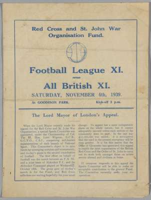 One of the earliest War time representative football matches programme Football League XI v All British XI, played at Goodison Park on 4th November 19