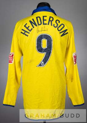 Darius Henderson signed yellow and blue Gillingham no.9 away jersey, season 2004-05,
 long-sleeved with Coca Cola Football League sleeve badges, club 