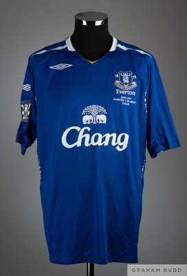Andy Van Der Mayde blue and white Everton no.7 shirt, 2007-08, 
 Umbro, XL, short-sleeved, the right sleeve with the UEFA Cup flash, with v-neck colla