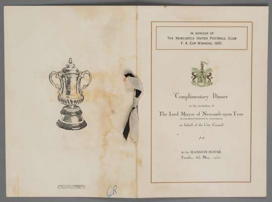 George Robledo's Newcastle United signed F.A. Cup final dinner menu, held at Mansion House, 8th May 1951,
 8-page menu with card cover, signed on insi