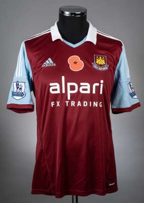 Vaz Te claret and blue no.12 West Ham home jersey from the game against Aston Villa that took place on 2/11/13 at Upton Park,
 Player issued short sle
