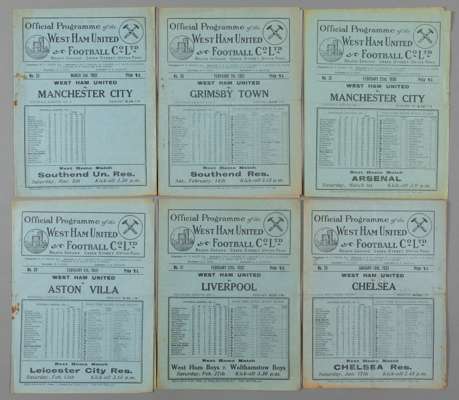 Six West Ham United 1930s home programmes,

F.L. Division One fixtures unless otherwise stated, Manchester City 22nd February 1930, Chelsea 10th Janua
