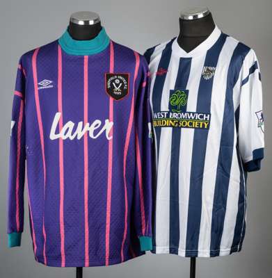 Two Premier League football jerseys for West Bromwich Albion and Sheffield United,
 comprising Tony Butler white and navy striped West Bromwich Albion