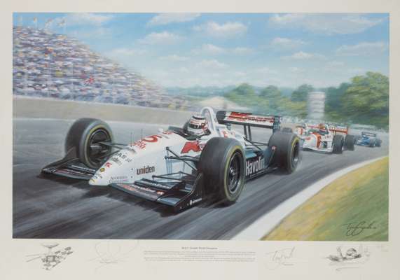 Collection of F1 racing car prints, 
 including Nigel Mansell signed limited edition print of  "Red 5 - Double World Champion", 657 of 2000, sold with