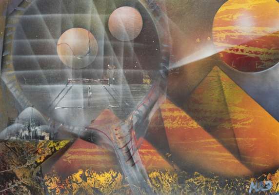 Three abstract science fiction acyrlic paintings signed Miroslav Vlahovic