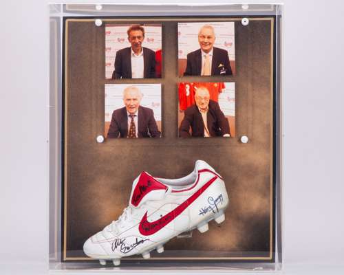 Denis Law, Harry Gregg, Albert Scanlon and Ken Morgan autographed Nike football boot display