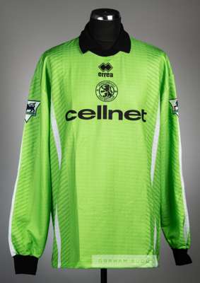 Mark Schwarzer lime green Middlesbrough no.1 goalkeeper's jersey, season 1998-99,
 Errea, long-sleeved with THE FA PREMIER LEAGUE sleeve badges, club 