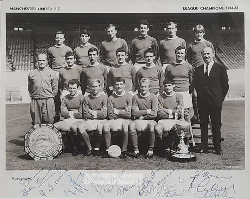 Manchester United 1964-65 League Champions b & w squad photograph, 
 signed to lower white border by 15 players, Pat Dunne, John Connelly, Tony Dunne,