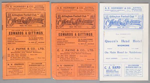 Three Gillingham home programmes, 

v Bristol City 28th October 1933, Northampton Town 8th September 1934 and Swindon Town 27th November 1937, (3)