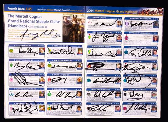 Five signed Grand National racecards, i) 1994 (Miinnehoma) signed by all the competing jockeys ii) 2004 (Amberleigh House) signed by all the competing