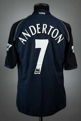 Darren Anderton navy and black Tottenham Hotspur no.7 away jersey, season 2002-03,
 match issue, Kappa, short-sleeved with THE FA PREMIER LEAGUE sleev
