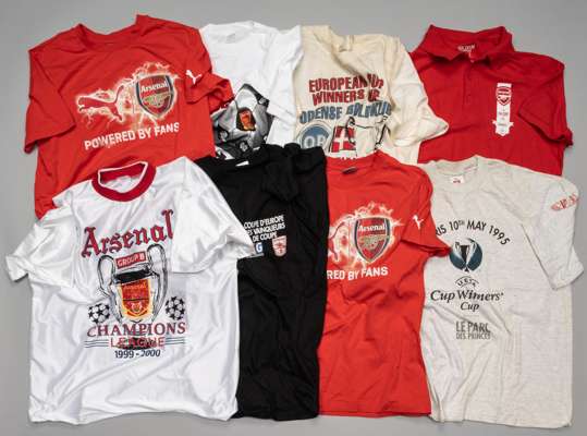 Eight Arsenal commemorative match t-shirts, dating from 1993 to 2015-16,
 comprising cream European Cup Winners Cup Odense Boldklub 15th September 199
