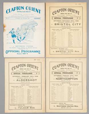 11 Clapton Orient 1930s home programmes,

FL Division Three (South) fixtures v Southend United 20th January 1934, Northampton Town 5th October 1935, B