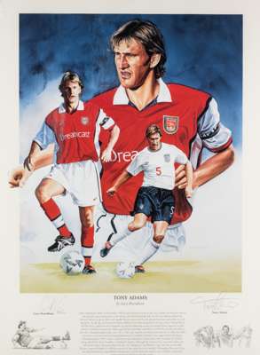 A set of four signed Arsenal's legendary player prints by Gary Brandham,
 comprising Tony Adams wearing both the Arsenal and England kit with legend b