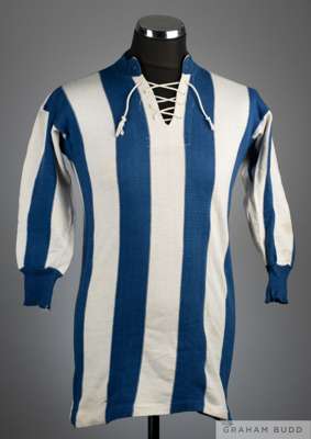 Tom Wilson blue and white Huddersfield Town match worn shirt
 with lace-up collar with Bukta "Dyfast" Stadio collar label, lacking badges, areas of st