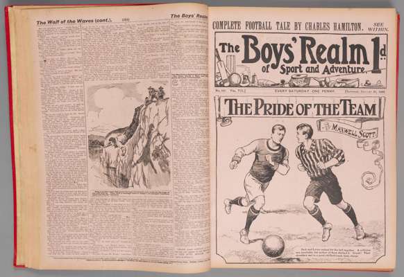Bound volume of The Boy's Realm Sport & Adventure publication,
 starts 2/1/1909 no.344 to 369 26/6/1909, 25 editions carries sports stories in the edi