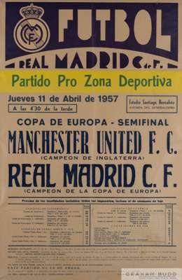 Original advertisement poster for the Real Madrid v Manchester United European Cup semi-final played at the Bernabeu 11th April 1957,
 three colour pr