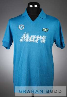 Diego Maradona blue Napoli no.10 home jersey, season 1988-89,
 short-sleeved with club crest badge and sponsor logo, reverse numbered 10.