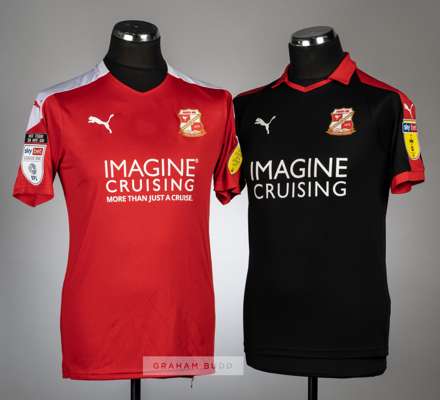 Two Swindon Town FC jerseys, seasons 2018-19 and 2020-21,
 comprising Danny Rose signed black and red no.30 away short-sleeved jersey, with SKYBET LEA