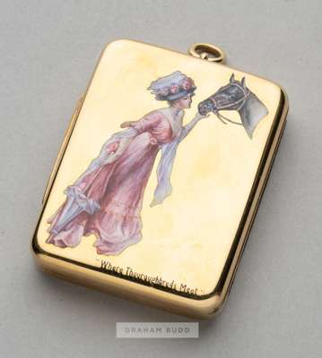 Rare and fine quality Percy Edwards 18ct. gold and enamel Edwardian Royal Ascot inspired horse racing vesta case titled "Where thoroughbreds meet",
 t