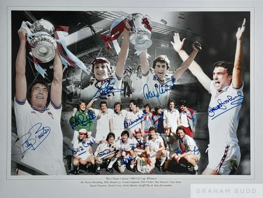 West Ham United 1980 FA Cup Winners signed montage made up of high resolution images from the final, 
 signed by the 11 man winning team that beat Ars