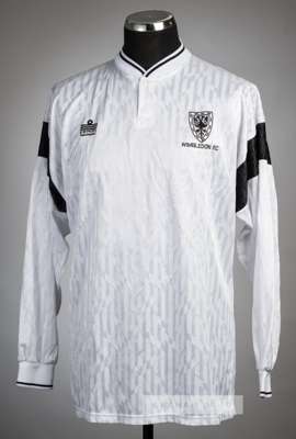 White and black Wimbledon no.13 away jersey, season 1991-92,
 Admiral, long-sleeved with embroidered club crest and Admiral badge, reverse numbered 13