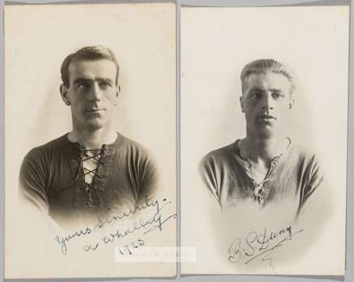 Two Charlton Athletic football b&w signed studio portrait postcards, 
 comprising of A Whally signed and dated 1923 in black ink and BS Duny signed in