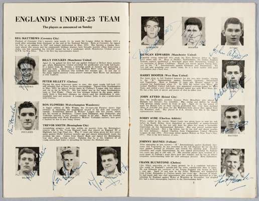 England v Italy U-23 Intermediate international, played at Chelsea's Stamford Bridge ground, 19th November 1955, 
 12-page with blue cover, signed in 