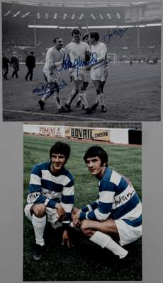 QPR 1967 League Cup Winners Rodney Marsh, Mark Lazarus and Ian Morgan, pair of large 16 by 12in. signed display photographs,
 Rodney Marsh, Mark Lazar