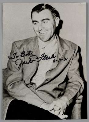 Jack Fleck 1955 U.S Open Golf Champion original autographed b&w photograph,
 7.5 by 5.5in., depicting Jack Fleck in seated half-length pose, nicely au