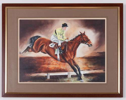 David Denyer (British, b.1937) acrylic painting of Arkle with Pat Taaffe up jumping a fence