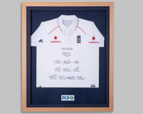 White England v. New Zealand npower Test Series 2008 autographed cricket shirt display