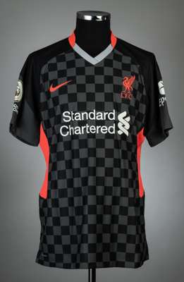 Virgil van Dijk black & grey Liverpool no.4 third choice jersey, season 2019-20,
 match issue, Nike, short-sleeved PREMIER LEAGUE and NO ROOM FOR RACI