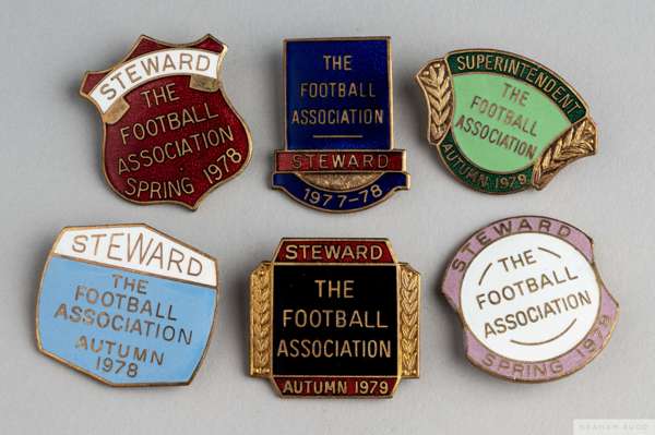 Nice group of six Football Association Wembley Stewards enamel lapel badges
 1977-78, 1978 (x2) and 1979 (x3) (6)