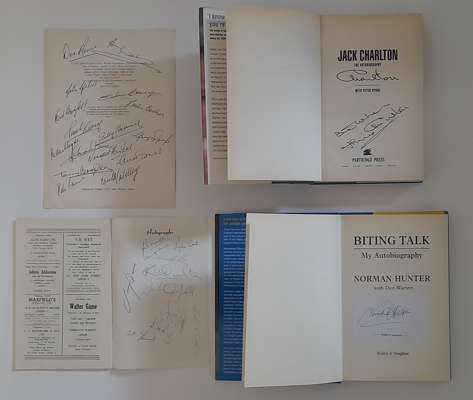 Leeds United signed items, 
 Don Revie glory years team, book page signed by 16 of the great side of the late 60's early 70's, manager Don Revie, coac