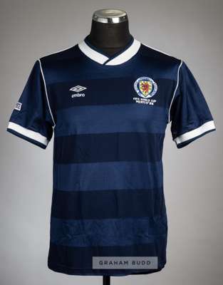 Navy Scotland unnumbered FIFA World Cup Mexico 1986 jersey,
 Umbro, short-sleeved with SFA embroidered sleeve badge, embroidered country emblem and FI