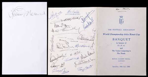 England autographed 1966 World Cup Final celebration banquet menu, held at the Royal Garden Hotel, London, 30th July, signed to the back cover in ink 