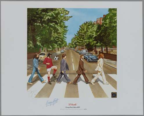 "El Beatle" limited edition print no. 17 out of a run of 150 featuring and signed by George Best,
 and featuring the Beatles and their iconic cover fr